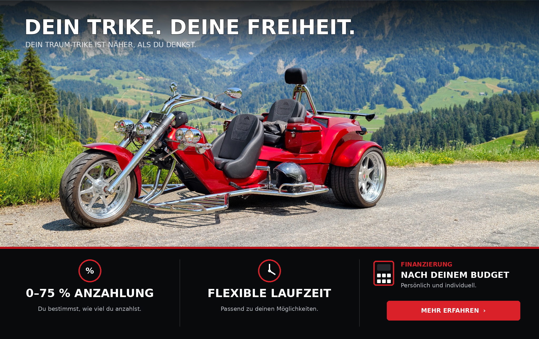 Rotes Trike in den Bergen mit Hinweisen zur flexiblen Finanzierung